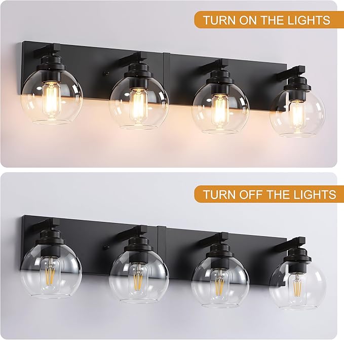 Bathroom Light Fixtures, 4-Light Matte Black Vanity Lights, Modern Bathroom Lighting Fixtures Over Mirror, Farmhouse Vanity Lights with Glass Shade for Living Room, Bedroom, Hallway