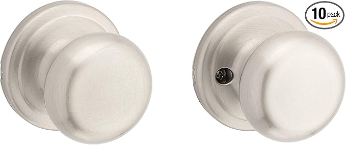 Kwikset Juno Interior Passage Door Knob, Handle for Closet and Hallway Doors, Non-Locking Doorknob in Satin Nickel, with Microban Protection (Pack of 10)