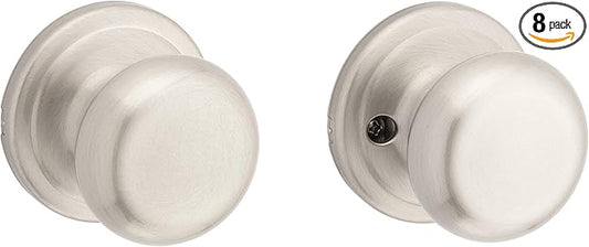 Kwikset Juno Interior Passage Door Knob, Handle for Closet and Hallway Doors, Non-Locking Doorknob in Satin Nickel, with Microban Protection (Pack of 8)
