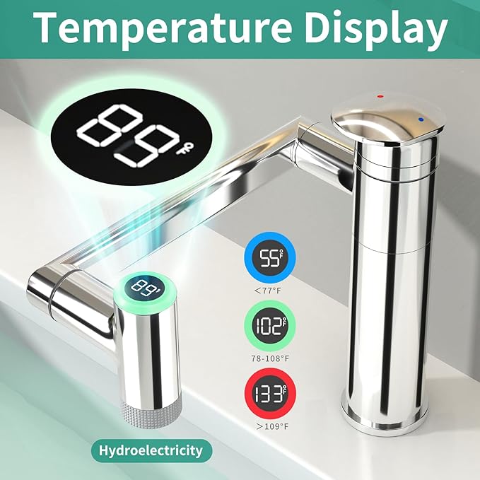 Modern Bathroom Faucet 1 Hole with Temperature Display(Batteries-Free), 1080° Rotatable Single Hole Bathroom Faucet, Single Handle Bathroom Vanity Faucets, 2 Spray Modes (Chrome)