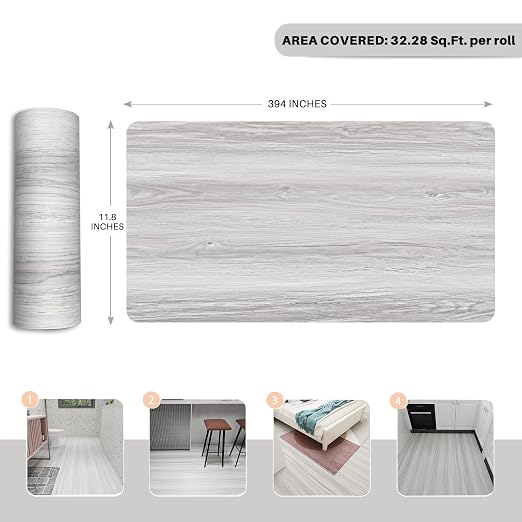 Wood Grain Peel and Stick Floor Tiles, 11.8" W × 394" L, Light Color | Cover 32.29 Sq.ft, Soft wood‑look finish, Easy to cut, Non‑slip texture, Helps protect floors, Removable, Waterproof