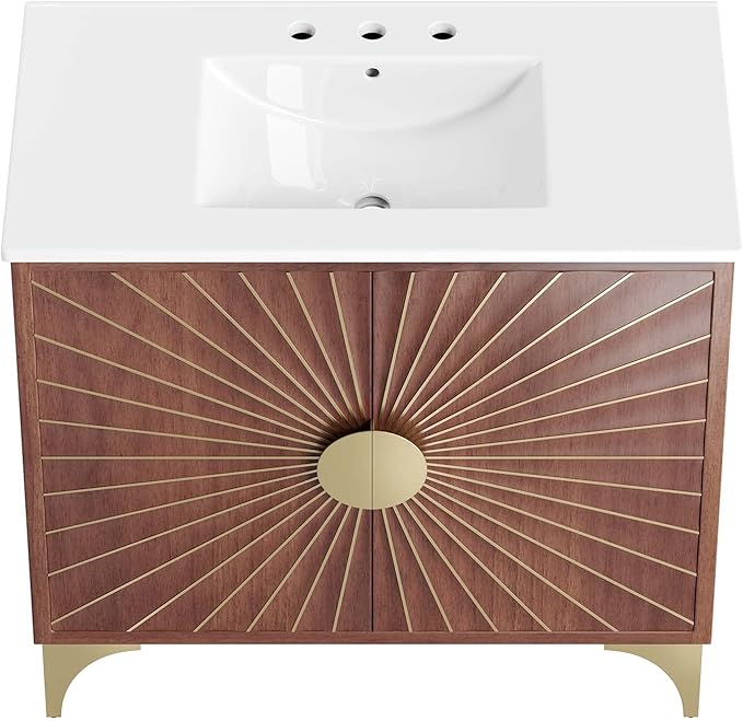 Modway Daylight Bathroom Vanity Cabinet with Ceramic Sink Basin, 36 Inch, White Walnut