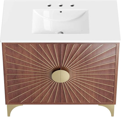 Modway Daylight Bathroom Vanity Cabinet with Ceramic Sink Basin, 36 Inch, White Walnut