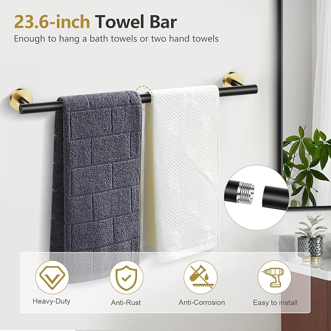 TQKAG 5 Piece Black and Gold Bathroom Accessories, Towel Racks for Bathroom | 23.6" Bathroom Hardware Set, SUS304 Stainless Steel, Double Post Pivoting, Towel Hooks, Toilet Paper Holder Set Wall Mounted