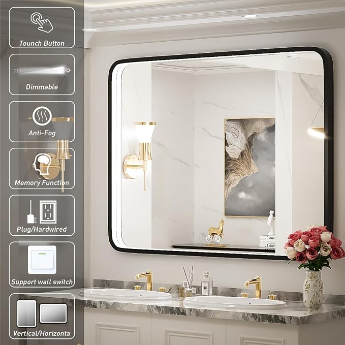 40x30 Inch LED Black Frame Bathroom Mirror,3- Color | ETL Listed,Anti-Fog,3000K/4500K/6000K Dimmable,Horizontal & Vertical,Wall Mounted,Memory Function