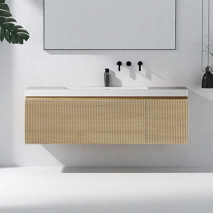 Wall Mounted Bathroom Sink Vanity, Modern 48" Floating Vanity with Resin Basin, U-Shaped Soft-Close Storage Drawer & Side Door, Striped Bathroom Storage Cabinet with Invisible Handle, Wood