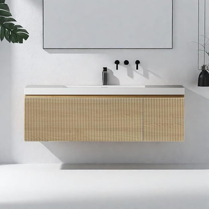 Wall Mounted Bathroom Sink Vanity, Modern 48" Floating Vanity with Resin Basin, U-Shaped Soft-Close Storage Drawer & Side Door, Striped Bathroom Storage Cabinet with Invisible Handle, Wood