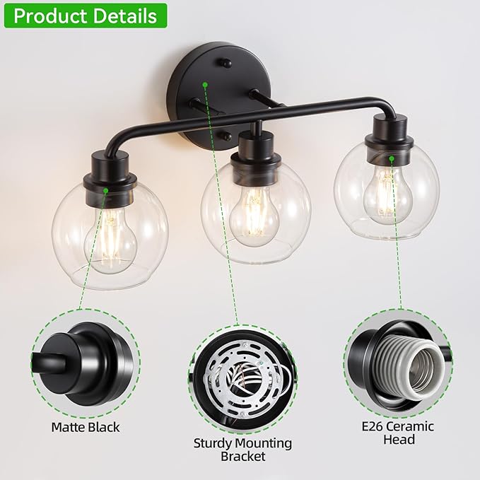 Bathroom Light Fixtures Black Vanity Light, 3 Light Modern Wall Sconces Lighting Bathroom Lights with Globe Clear Glass Shades, Bath Wall Lights Wall Lamp for Mirror Kitchen Living Room Hallway | Wall Sconces Lighting with Globe Clear Glass Shades, Bat...