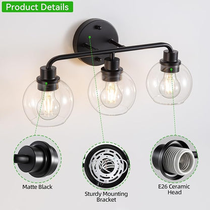 Bathroom Light Fixtures Black Vanity Light, 3 Light Modern Wall Sconces Lighting Bathroom Lights with Globe Clear Glass Shades, Bath Wall Lights Wall Lamp for Mirror Kitchen Living Room Hallway | Wall Sconces Lighting with Globe Clear Glass Shades, Bat...