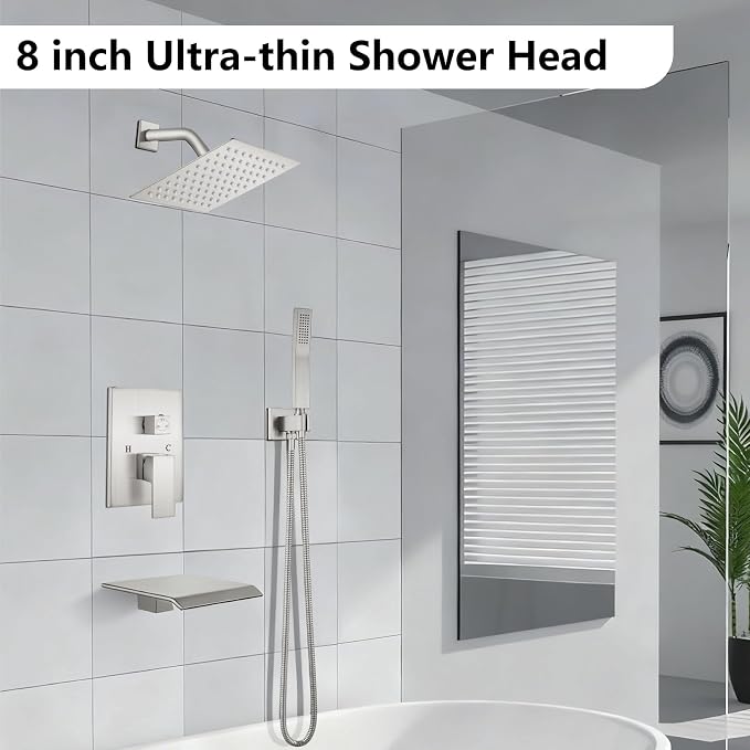Midanya Shower System with Tub Spout,8 Inch Shower Head,Brushed Nickel | with Valve & Trim Kit,Square Rain Head,Handheld Sprayer,Waterfall Spout,All Metal Wall Mount Bathroom Shower Tub Faucet Set