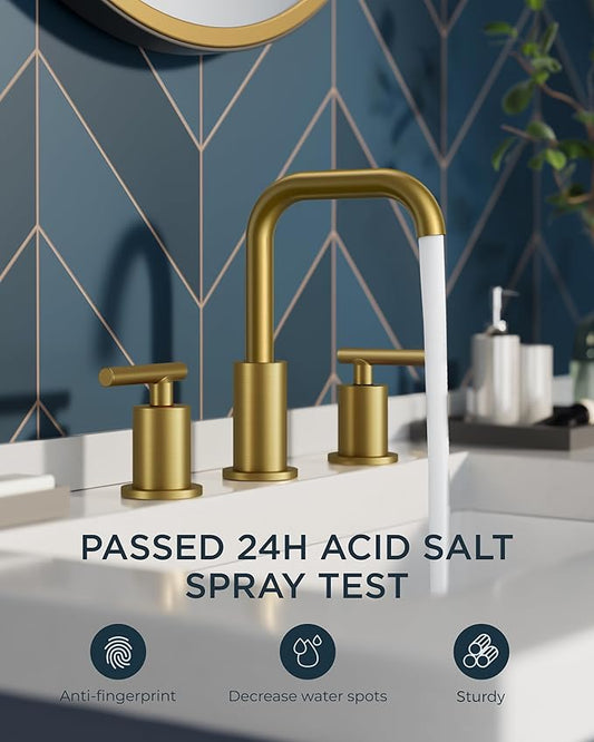 FORIOUS Brushed Gold Bathroom Sink Faucet 3 Hole, 2 Handles 8 Inch Widespread Bathroom Faucets, 360° Swivel Spout, with Pop Up Drain and Hoses, for Vanity Restroom RV Lavatory
