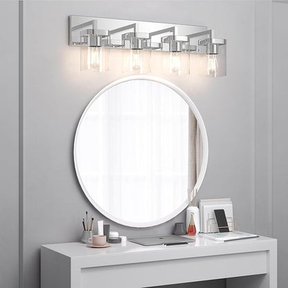 Chrome Bathroom Vanity Light, Square Design 4 Lights Morden Vanity Lighting Fixtures Over Mirror, Bathroom Vanity Light Fixtures for Living Room/Bedroom