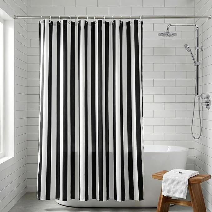 Striped Shower Curtain, Black and White Retro Pastel Striped Pattern, Waterproof Polyester Fabric Shower Curtains Sets with Hooks for Bathroom 72x72 Inches