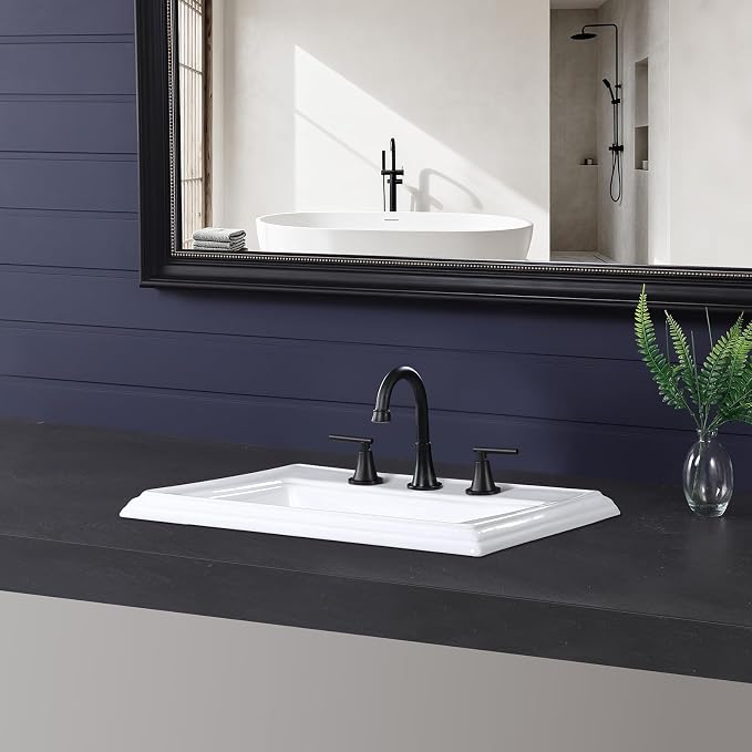 23"x18" Semi Recessed Bathroom Sink with 8-in Centerset Three 1.38" Faucet Hole Drop-in Vessel Sink White Porcelain Ceramic Modern Rectangular Sinks Basin Vanity Sinks with Overflow