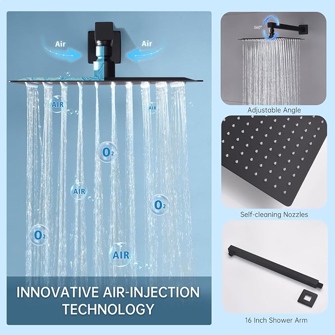 Dual Rainfall Shower Head System Matte Black, 3-Function Push Button Shower Faucet Set with 12" Wall Mount Rain shower head and 6" Wall Mount Shower Head, Pressure Balance Rough-in Valve