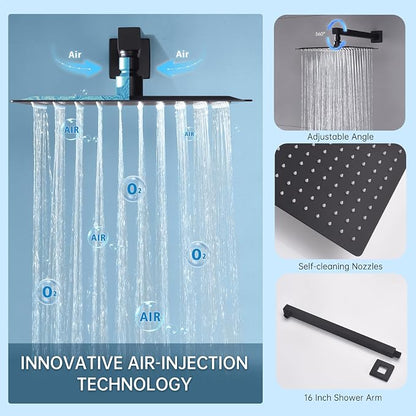 Dual Rainfall Shower Head System Matte Black, 3-Function Push Button Shower Faucet Set with 12" Wall Mount Rain shower head and 6" Wall Mount Shower Head, Pressure Balance Rough-in Valve