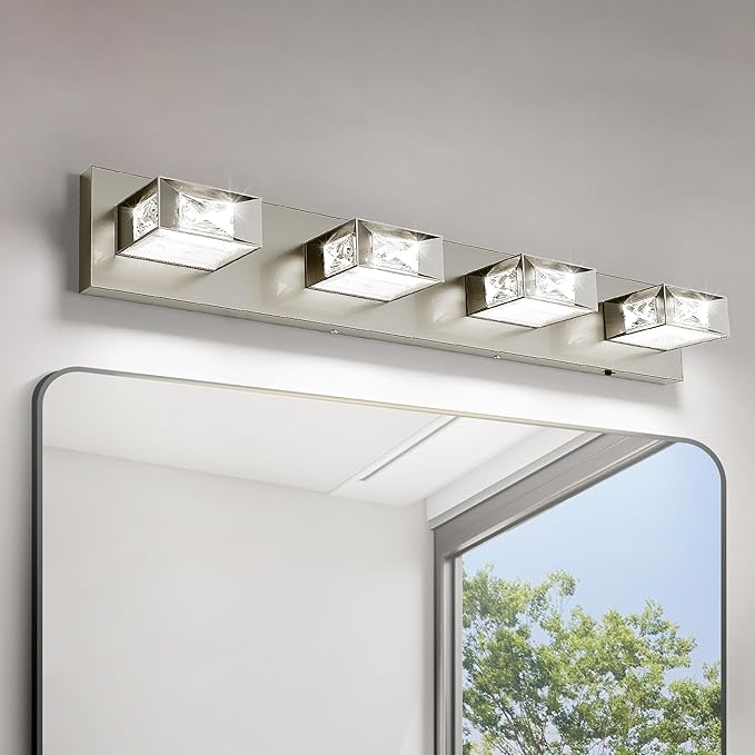 Joossnwell Brushed Nickel Bathroom Lights Fixtures Over Mirror (4-Light, 28-Inch) Crystal Vanity Light 5CCT Dimmable Modern Led Bathroom Lighting with 350°Rotatable Head