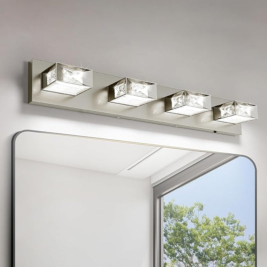 Joossnwell Brushed Nickel Bathroom Lights Fixtures Over Mirror (4-Light, 28-Inch) Crystal Vanity Light 5CCT Dimmable Modern Led Bathroom Lighting with 350°Rotatable Head