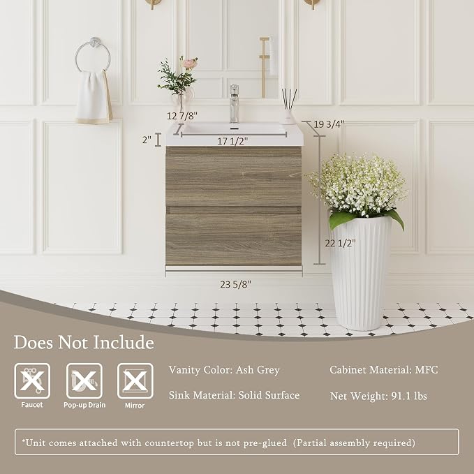 KEIKI 24'' Wall-Mounted Bathroom Vanity with Sink - Floating Design, 2 Soft-Close Drawers & Resin Basin, Space-Saving for Small Bathrooms, Ash Grey