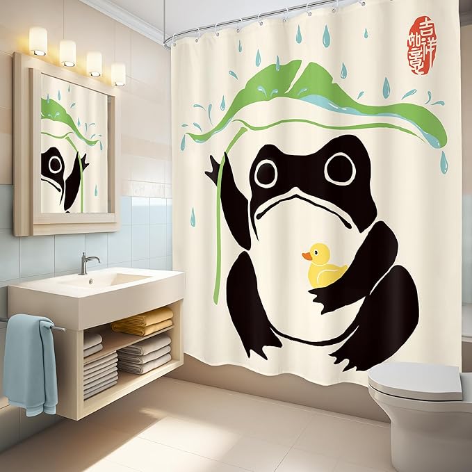 LGhtyro Funny Frog Shower Curtain Bathroom Set 60Wx71H Inches Asian Duck Traditional Art Japanese Cute Animal Taking Lotus Leaf Rain Bath Accessories Lovely Art Home Decor Fabric 12 Pack Hooks