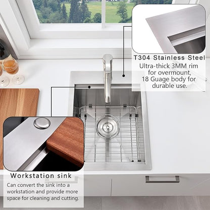 KINGO HOME Drop in Bar Sink, 15 x 20 Inch Single Bowl Small Kitchen Sink,304 Stainless Steel Topmount Wet Bar Sink Prep Sink With Grid&Drainer&Cutting Board