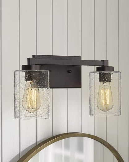 Beionxii 16In Farmhouse Bathroom Light Fixtures,Rustic Vanity Light Fixture | 2-Light Bathroom Vanity Light Fixture, Seeded Glass Shade, Oil Rubbed Bronze Over Mirror for Bathroom Living Room, BXMB9002-2