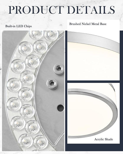 15 Inch LED Flush Mount Ceiling Light, 24W Modern Brushed Nickel Ceiling Lamp, 3CCT 3000K/4000K/5000K, Dimmable, Bathroom, Bedroom, LMS-054BN