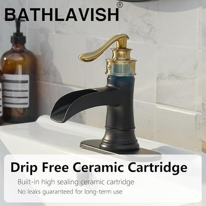 Bathroom Sink Faucet 3 Hole Double Handle Widespread Waterfall | Black and Gold,Solid Brass,8 Inch,Pop-up Drain,Control of Hot and Cold Water,Rust-Resistant,Corrosion Resistant, Long-Lasting