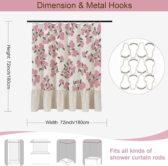 ORTIGIA Linen Textured Ruffle Shower Curtain with Metal Hooks, Vintage Pink Hydrangea Floral Boho Waterproof Bath Curtain for Rustic Farmhouse Bathroom Decor 72x72 Inch