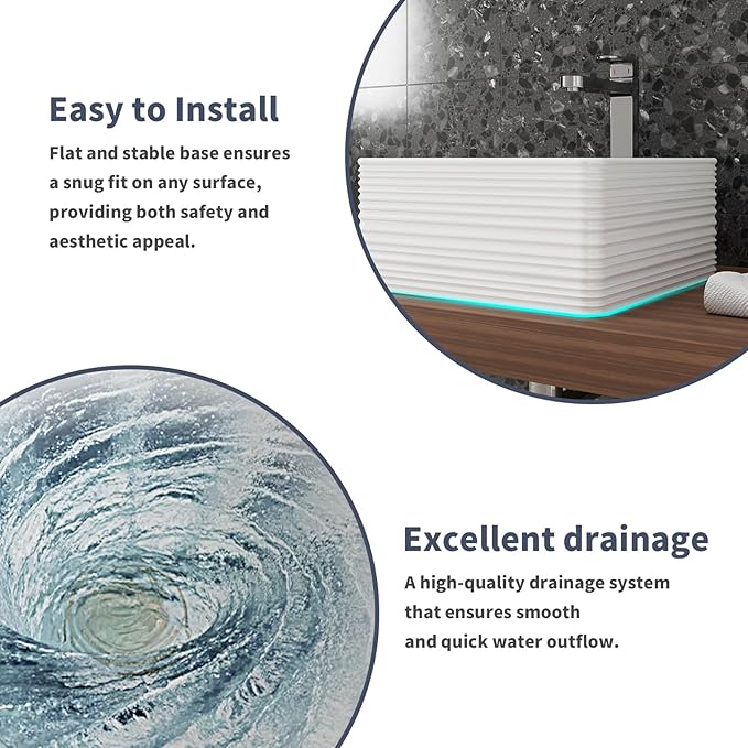 16"X16" Bathroom Vessel Sink, 6" Basin Depth Rectangular Bathroom Sink, Above Counter White Porcelain Ceramic Modern Vanity Sink Rectangle Art Basin