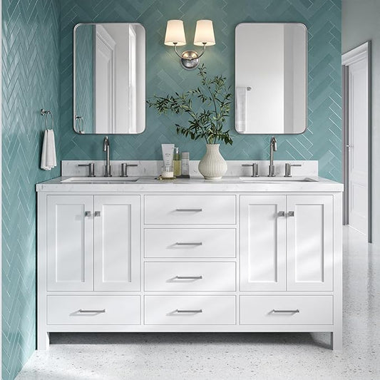 DKB Beckford 66-Inch White Double Bathroom Vanity, 1.5-Inch Edge Carrara Quartz Countertop & Splash, Rectangular Sinks, 4 Soft Closing Doors, 6 Full Extension Dovetail Drawers, Brushed Nickel