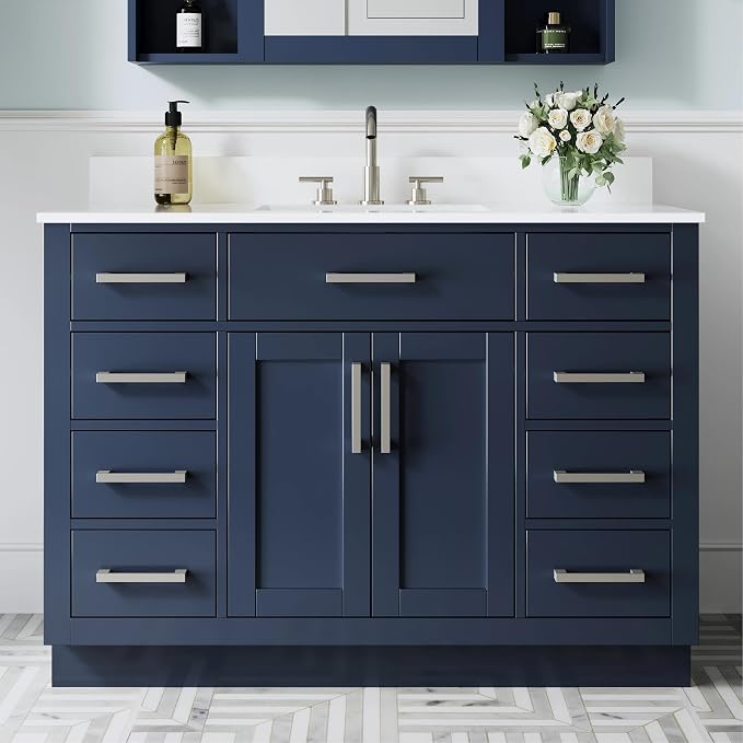 48-Inch Bathroom Vanity with Sink W/ 2 Doors & 8 Drawers & 1 Flip Drawer, Navy Blue Vanity W/Brushed Nickel Handles