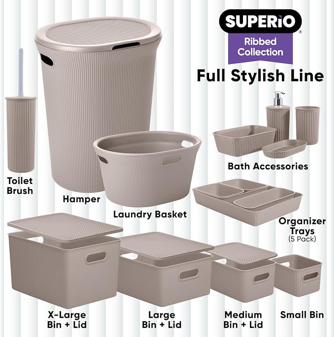 Superio Ribbed Collection Toilet Bowl Brush and Holder Set, Decorative Plastic Bathroom Toilet Brush with Holder, Toilet Cleaner Scrubber, Taupe - 1 Pack