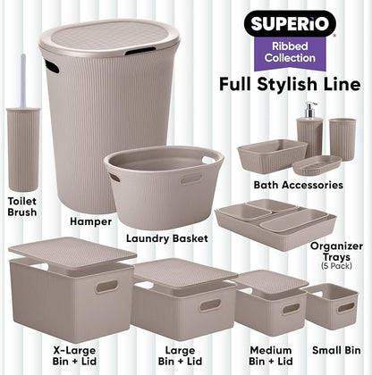 Superio Ribbed Collection Toilet Bowl Brush and Holder Set, Decorative Plastic Bathroom Toilet Brush with Holder, Toilet Cleaner Scrubber, Taupe - 1 Pack