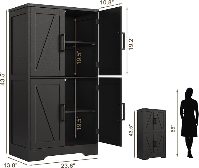Treocho Farmhouse Bathroom Floor Cabinet with Adjustable Shelves | 13.78"D x 23.62"W x 43.46"H, Freestanding Kitchen Pantry Cabinet, Cupboard for Living Room, Dining Room, Black