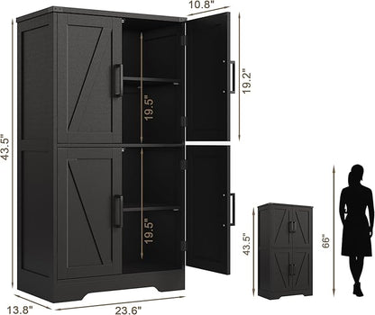Treocho Farmhouse Bathroom Floor Cabinet with Adjustable Shelves | 13.78"D x 23.62"W x 43.46"H, Freestanding Kitchen Pantry Cabinet, Cupboard for Living Room, Dining Room, Black