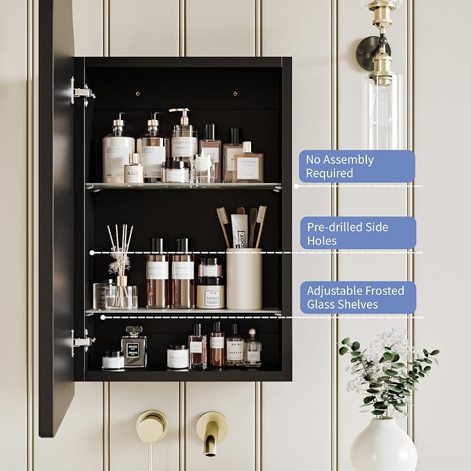 AGDULL Victorian Medicine Cabinet with Arched Mirror, Overall 16.5"W x 24"H | Recessed or Surface Mount, 15.2"W x 19.6"H Wood Black Cabinet with 16.5"W x 24"H Arched Mirror, Left-Swing Door, Soft-Close