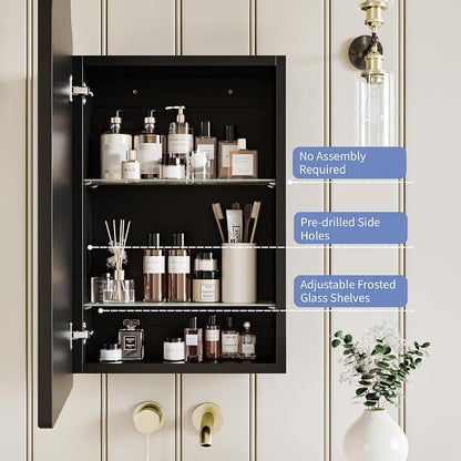 AGDULL Victorian Medicine Cabinet with Arched Mirror, Overall 16.5"W x 24"H | Recessed or Surface Mount, 15.2"W x 19.6"H Wood Black Cabinet with 16.5"W x 24"H Arched Mirror, Left-Swing Door, Soft-Close