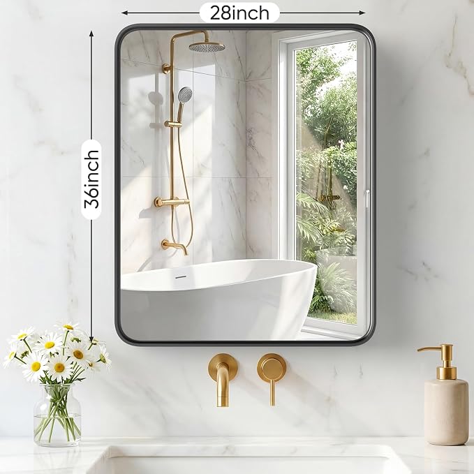 Sweetcrispy Bathroom Mirror 36x28 Inch, Vanity Mirror for Wall | Metal Framed Rounded Rectangle, Over Sink, Farmhouse, Restroom, Anti-Rust, Horizontal or Vertical Hanging, Black