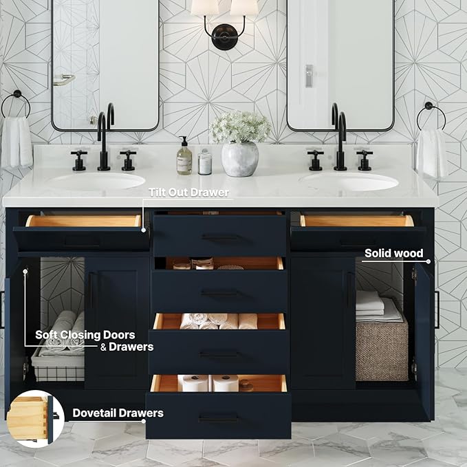 ARIEL Hepburn 66-inch Bathroom Vanity with Sink,Solid Wood, 1.5-inch Pure White Quartz Countertop & Backsplash, Double Oval Porcelain Sink, 4 Soft Closing Doors, 6 Dovetail Drawers, Midnight Blue
