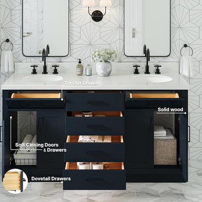 ARIEL Hepburn 66-inch Bathroom Vanity with Sink,Solid Wood, 1.5-inch Pure White Quartz Countertop & Backsplash, Double Oval Porcelain Sink, 4 Soft Closing Doors, 6 Dovetail Drawers, Midnight Blue