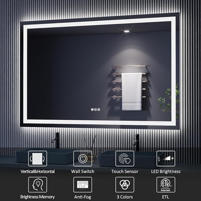 LED Bathroom Mirror, 65"X36" with Front Light and Backlit | Stepless Dimmable, Anti-Fog, Shatter-Proof, HD Reflection, Memory, 3 Colors Lighting, UL Listed (Horizontal/Vertical).