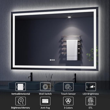 LED Bathroom Mirror, 65"X36" with Front Light and Backlit | Stepless Dimmable, Anti-Fog, Shatter-Proof, HD Reflection, Memory, 3 Colors Lighting, UL Listed (Horizontal/Vertical).