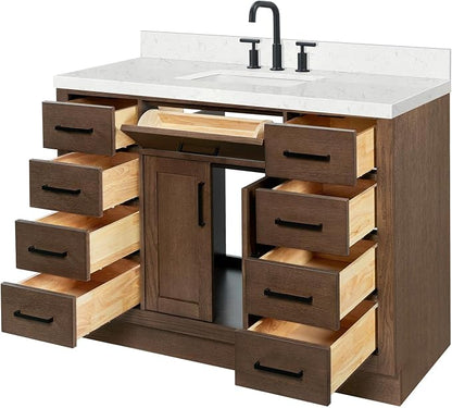 Isabella 48-Inch Brown Oak Single Bathroom Vanity with Sink, 1.5-Inch Edge Carrara White Quartz Countertop & 4" Backsplash, Soft-Closing Doors & Drawers, Solid Oak Wood Construction