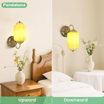 Green Glass Sconce Set of 2 Vintage Vanity Sconces Bulb Included | Green Glass Art Deco Antique Wall Sconce Wall Light for Bedroom Bathroom Living Room Entryway, Antique Gold and White 2 Pack