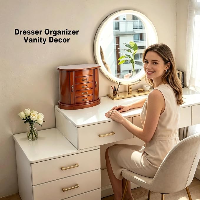RR ROUND RICH Solid Wood Jewelry Box for Women Brown | Large Capacity Organizer with Rotating Necklace Holder, Mirror & 4 Drawers, Vintage Brown Gift Box