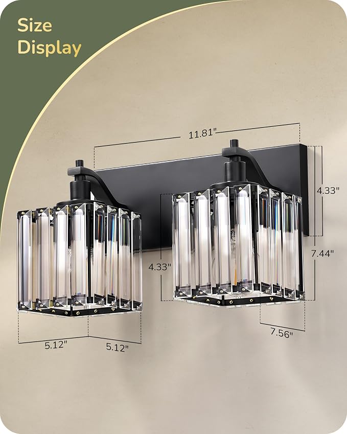 EDISHINE 2-Light Black Bathroom Vanity Light, Crystal Sconce Over Mirror | Up/Down Reversible, Black Frame, Modern for Bath, Powder Room, E26 Base