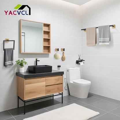 YACVCL 5-Pieces Black and Gold Bathroom Hardware Accessories Set Stainless Steel Bathroom Towel Bar Set Towel Holder Set for Bathroom,Upgraded Toilet Paper Holder with Shelf,Wall Mounted 23.6"