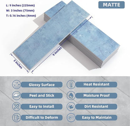 Tilingview 30 PCS Peel and Stick Backsplash Tile for Kitchen/Bathroom/Living Room, 3"x 9" Self-Adhesive Subway Tile for Backsplash, Imitation Glazed Tiles/Handmade Tiles (Matte Sky Blue)