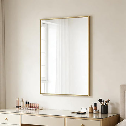 Bathroom Mirror for Wall, 36x24 Inch Framed Vanity Mirror Brushed Gold | Rectanglar Metal Beveld Framed Mirror for Over Sink, Tempered Glass, Anti-Rust, Hangs Horizontally or Vertically